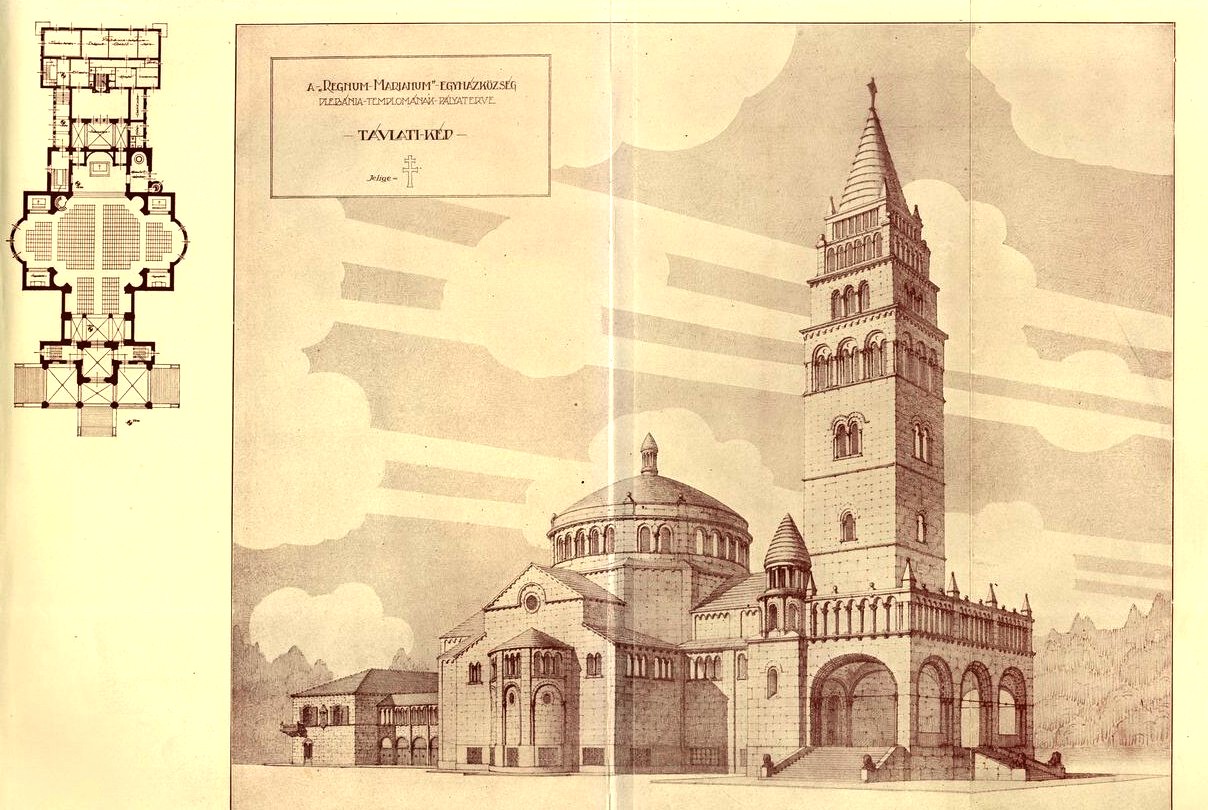 A templom tervrajza az anyagi forrás híján elmaradt 51 méter magasra tervezett harangtoronnyal